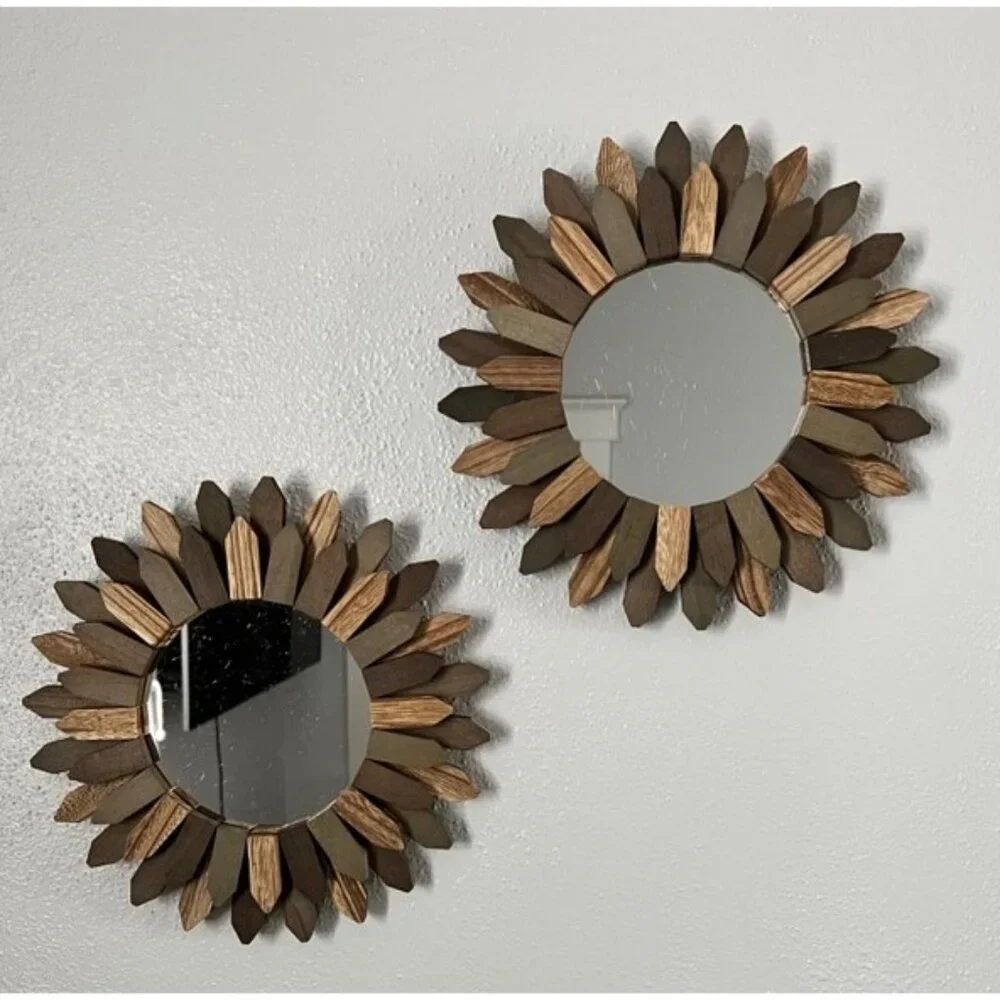 New Boho Wall Decor Mirror 2 Pack 12 inch Rustic Wood Decorative Mirror for Room